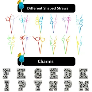 Diverse paglie sagomate e ciondoli con lettere maculate per decorare le feste.