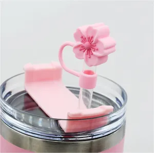 Cute 10mm pink cherry blossom silicone straw cap and reusable dustproof straw topper cover.