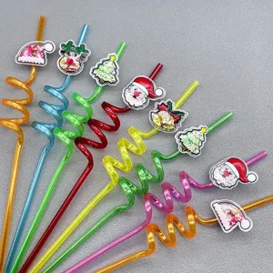 Christmas spiral drinking straws with cute glitter sequin toppers, perfect for holiday party.