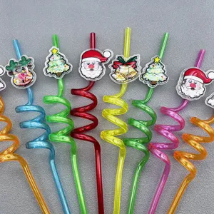 Colorful Christmas spiral drinking straws with cute glitter toppers for holiday party decor.