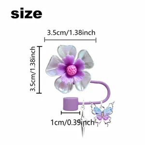 Colorful flower straw topper DIY dust cover with cute butterfly star charm 3.5cm size