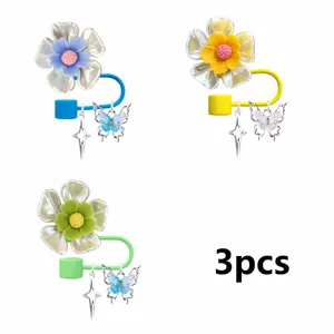 Colorful flower straw charms 3pcs set cute DIY dustproof cover decoration pendant