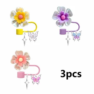 Colorful flower straw covers set of 3 with cute butterfly and star charms for DIY cups.