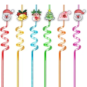 Christmas Spiral Straws Glitter Santa Claus Elk Christmas Tree Party Decorative Drinking Straws