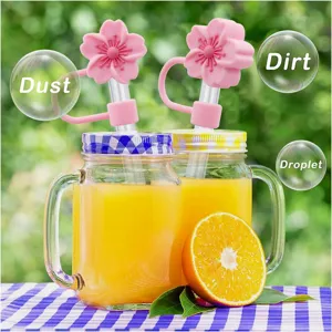 Cute pink cherry blossom silicone straw cover 10mm reusable dustproof drinking straw cap