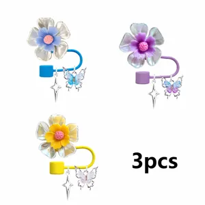 Colorful flower straw charms 3pcs set, cute Y2K butterfly star DIY dust cover pendant.