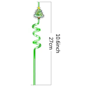 Christmas green spiral straw with glitter tree topper 10.6 inch party drink accessory