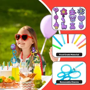 Colorful kids creative spiral drinking straws with cute removable silicone cartoon charms set.