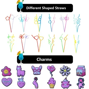 Colorful shaped drinking straws and cute cartoon PVC charms set for DIY decoration daily use.