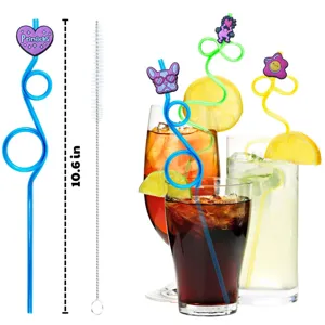 Cute cartoon curly drinking straws set with assorted adorable charms and cleaning brush for party.