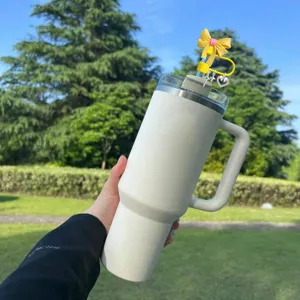 Large insulated stainless steel tumbler with handle, cute yellow bow straw cover charm.