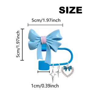 Blue bow straw topper cute resin dust cover with star and heart charms for drink cups.