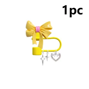 Cute yellow bow straw cover with star heart charm resin dust proof straw topper for cup 1pc