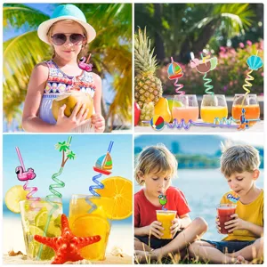 Sommer Strand Party bunte Plastik Trinkhalme mit niedlichen Flamingos und Palmen Motiven.