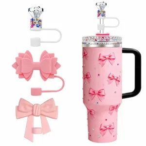Roze glitterbeker met 3D-strikjes, strass deksel en schattige diamant rietje topper accessoires.