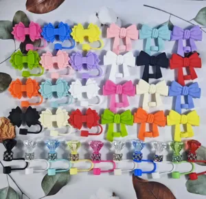 Colorful silicone straw covers with cute bows and diamond designs, perfect cup accessories.