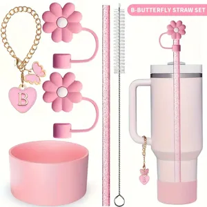 Siliconen Metaal Waterfles Accessoire Set Letter Ketting Bloem Stro Hoes Antislip Bodem Boot Beker Decoratie