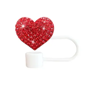 Housse de paille en silicone cœur strass rouge bouchon anti-poussière pour tasses