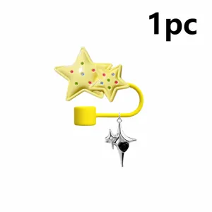 Mignon couvercle de paille double étoile jaune avec pendentif cœur argenté anti-poussière 1pc