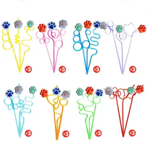 Paille de boisson patte de dessin animé mignon ensemble d'accessoires de fête colorés