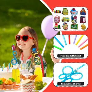 Cartoon curly drinking straws with removable cute school theme charms for kids party and daily use.