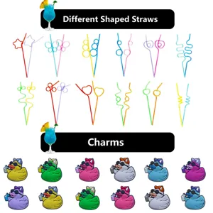 Pailles à boire colorées et ensemble de charms de canard lunettes de soleil pour fêtes.