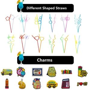 Colorful shaped straws and cute cartoon PVC charms for shoes and bags, fun kids accessories.