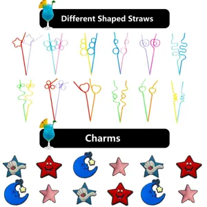 Different shaped colorful plastic drinking straws and cute cartoon star moon charms details