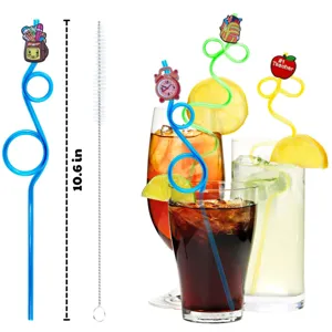 Colorful crazy drinking straws with cute school charms and cleaning brush detail view.