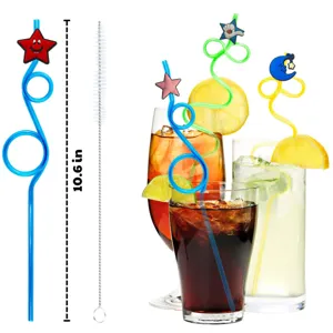 Cute cartoon star moon plastic drinking straw set with cleaning brush for party decor
