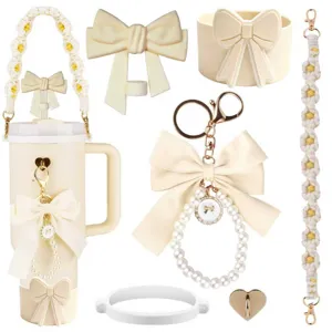 Cute bow cup accessories set silicone boot macrame strap charm keychain for tumbler