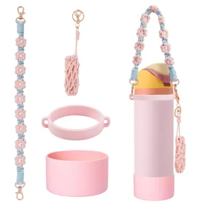 Handmade crochet water bottle strap with silicone boot and pouch set for daily portable use