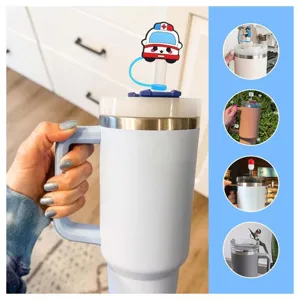 Cute cartoon ambulance straw cover silicone topper for Stanley cup reusable tumbler accessories