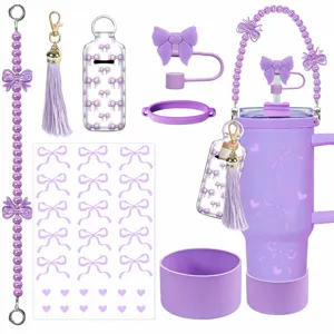 Ensemble d'accessoires de tasse en silicone nœud violet, housse, paille, lanière perles.
