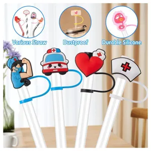 Silicone nurse straw covers, cute medical cartoon dustproof straw toppers for reusable cups.