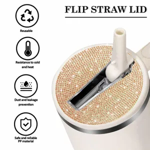 Rhinestone 40oz tumbler flip straw lid detail, sparkling diamond design and dustproof feature.