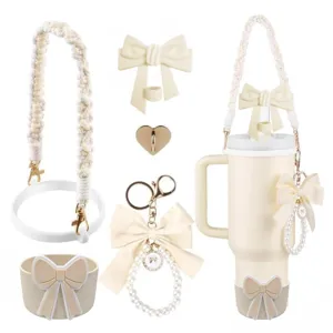 Joli couvercle de paille nœud sangle tressée chaîne de perles accessoires de tasse.