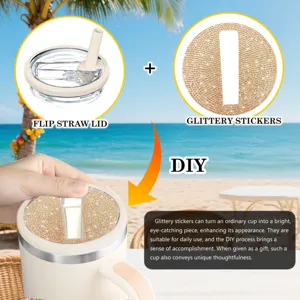 DIY rhinestone tumbler lid set with straw and sparkly glitter stickers detail view.