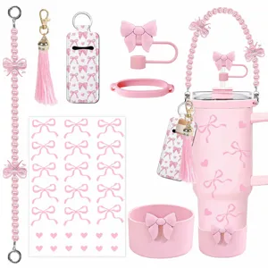 Ensemble d'accessoires de tasse rose avec sangle de perles, couvercle et jolis autocollants.