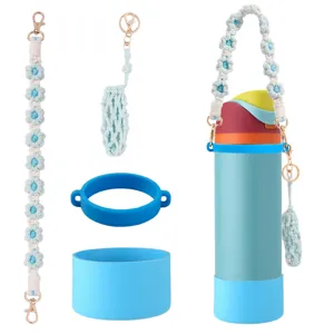 Handmade woven water bottle strap accessories with silicone boot and lip balm pouch detail.