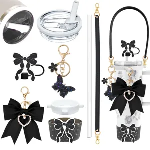 Details of tumbler accessories set including bowknot decoration, butterfly keychain and cup sleeve.