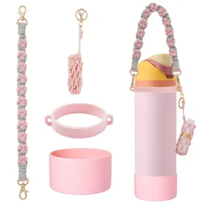 Handmade braided water bottle strap with protective silicone boot and cute lipstick pouch.