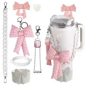 Rosa schleife becher zubehör set mit kette griff strohhalm abdeckung und silikon schutzhülle