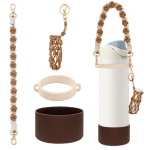 Handmade macrame water bottle strap set with lipstick pouch and silicone bottom boot