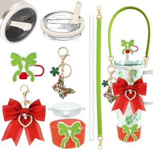 Tumbler accessory set with cute bows, silicone boot, strap, and charms for daily use.