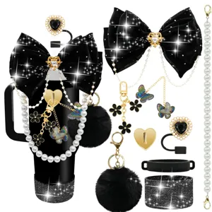 Set di accessori per tazza Stanley con fiocco in velluto nero e ciondoli decorativi carini.