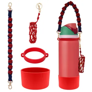 Handmade woven water bottle strap set with silicone boot and lipstick pouch accessories.