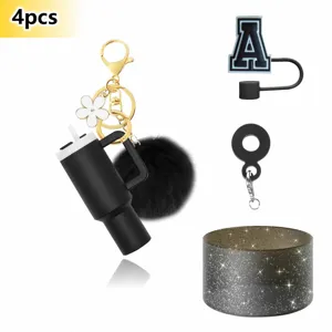 4pcs Mini Tumbler Keychain Pompom Letter Straw Cover Silicone Boot Set Accessories Cup Charm