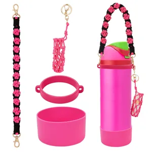 Handcrafted braided water bottle strap set with silicone boot and lipstick mesh pouch details.