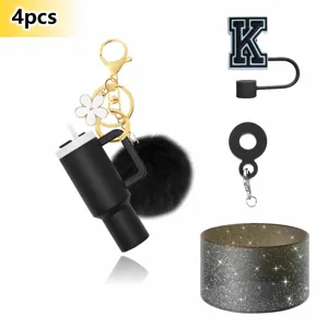 4pcs Mini Tumbler Keychain Set with Pom Pom Letter K Charm and Straw Cap for Accessories